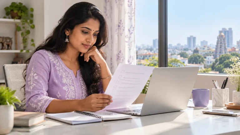 Learner reviewing a course checklist beside a laptop