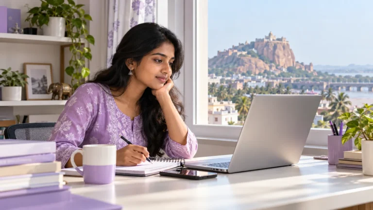 Learner reviewing course information at a desk with a Trichy city view
