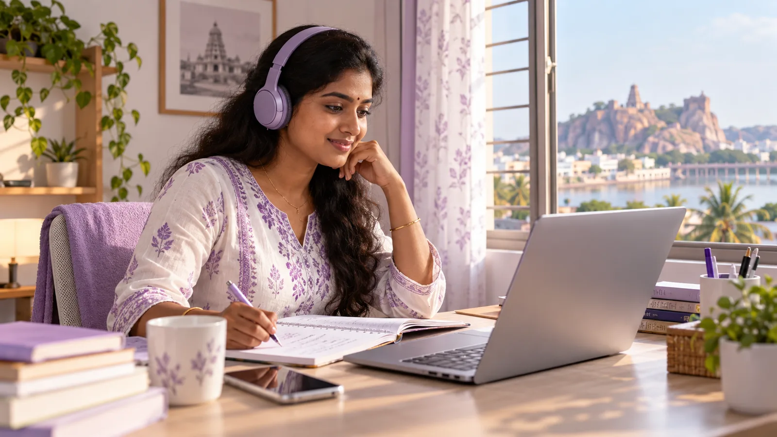 Learner practising an online marketing lesson with headphones