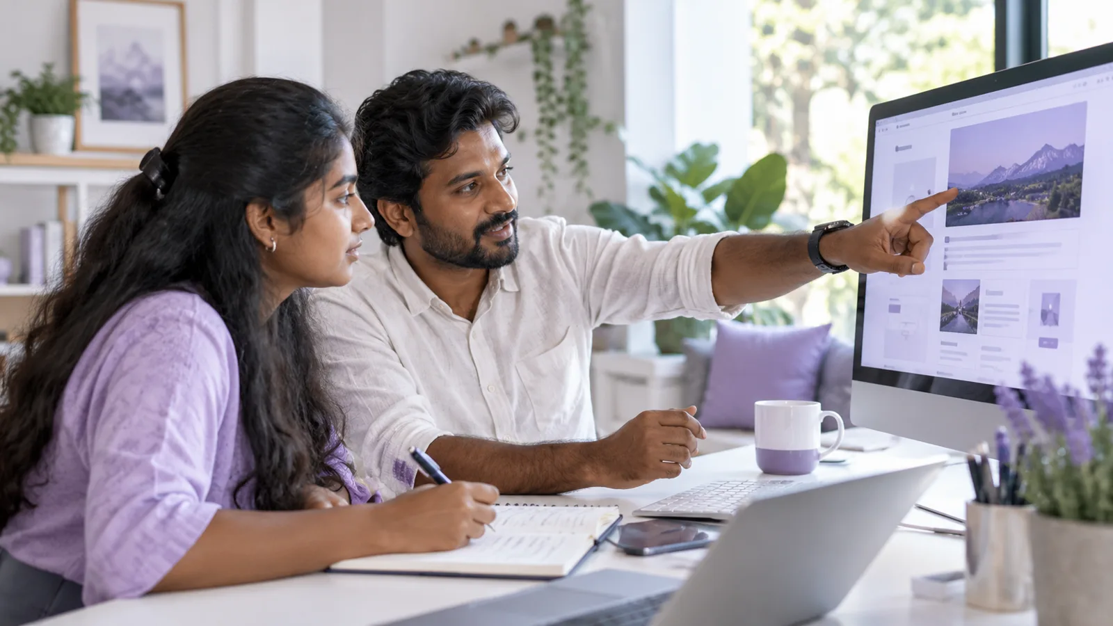 Mentor and learner reviewing a website draft