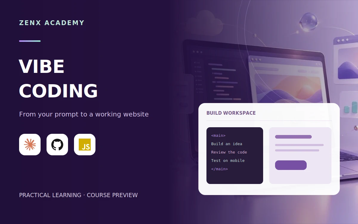 Vibe Coding: course title, tool logos and illustrative workspace preview