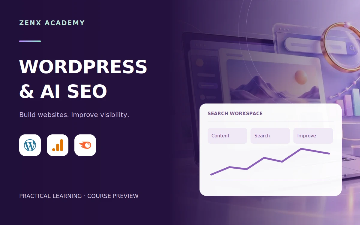 WordPress & AI SEO: course title, tool logos and illustrative workspace preview