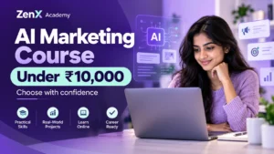 Student using a laptop beside an AI marketing course under ₹10,000 selection guide