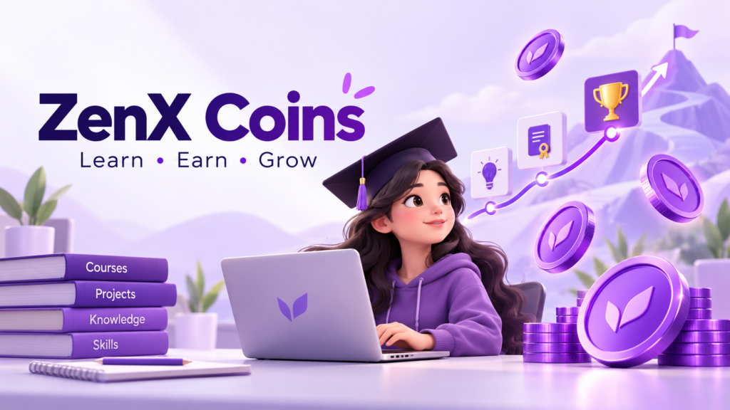 Illustration of a learner with a laptop, purple reward coins and achievement badges