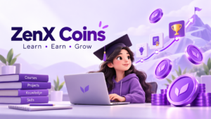 Illustration of a learner with a laptop, purple reward coins and achievement badges