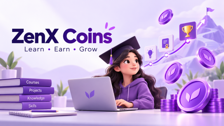 Illustration of a learner with a laptop, purple reward coins and achievement badges