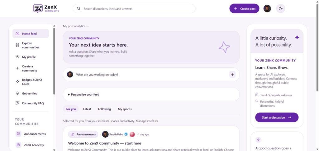 ZenX Community logged-in home feed with navigation, feed filters, create post button and verified author badge
