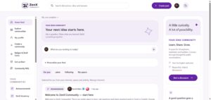 ZenX Community logged-in home feed with navigation, feed filters, create post button and verified author badge
