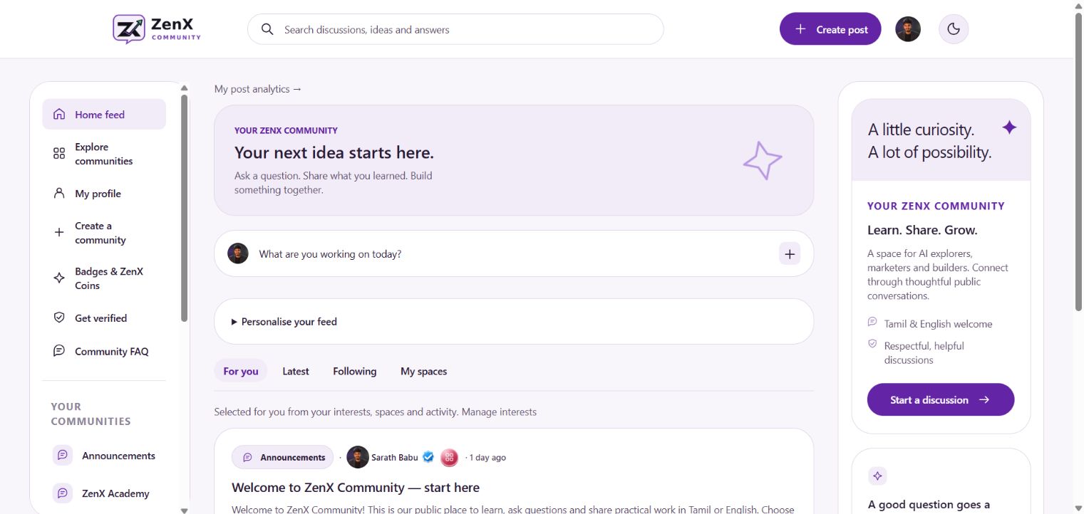 ZenX Community home feed with For you, Latest, Following and My spaces filters