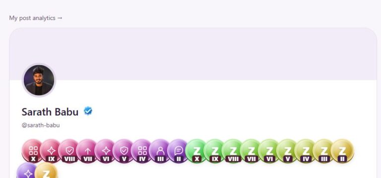 ZenX Community public profile header showing Sarath Babu, verified tick, username and achievement badges