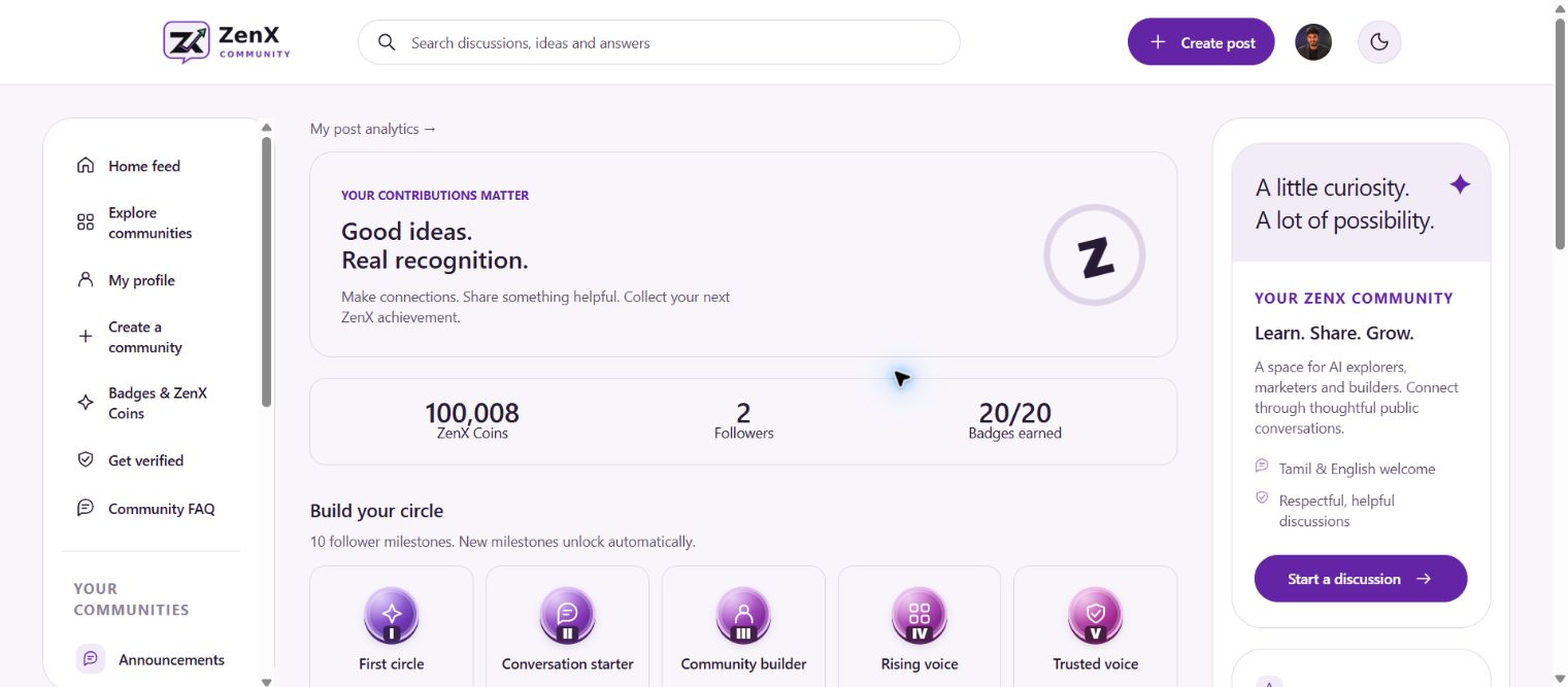 ZenX Community rewards dashboard with ZenX Coins and badge milestones