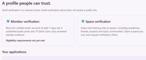 ZenX Community verification page explaining blue member ticks and green space ticks