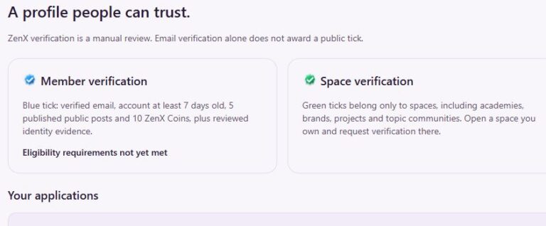 ZenX Community verification page explaining blue member ticks and green space ticks