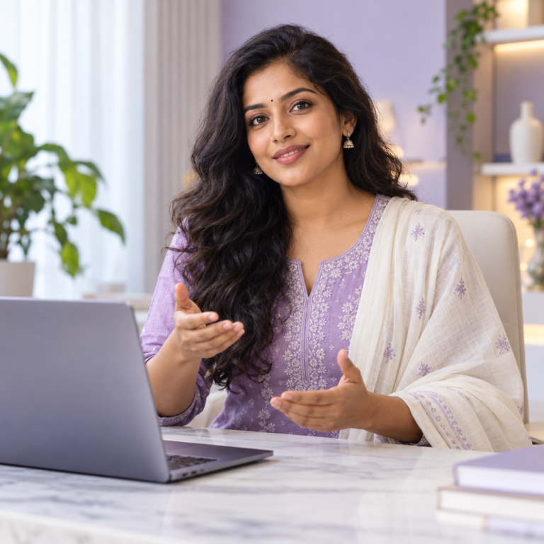 Illustrative Tamil woman explaining digital marketing learning at ZenX Academy