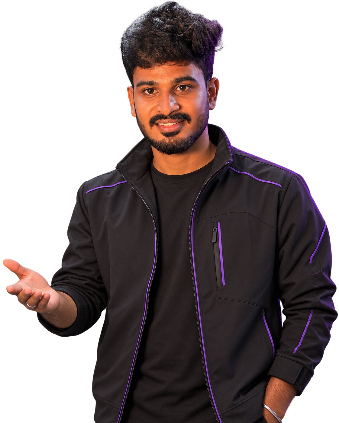 Character in black techwear presenting the course offer with an open-hand gesture