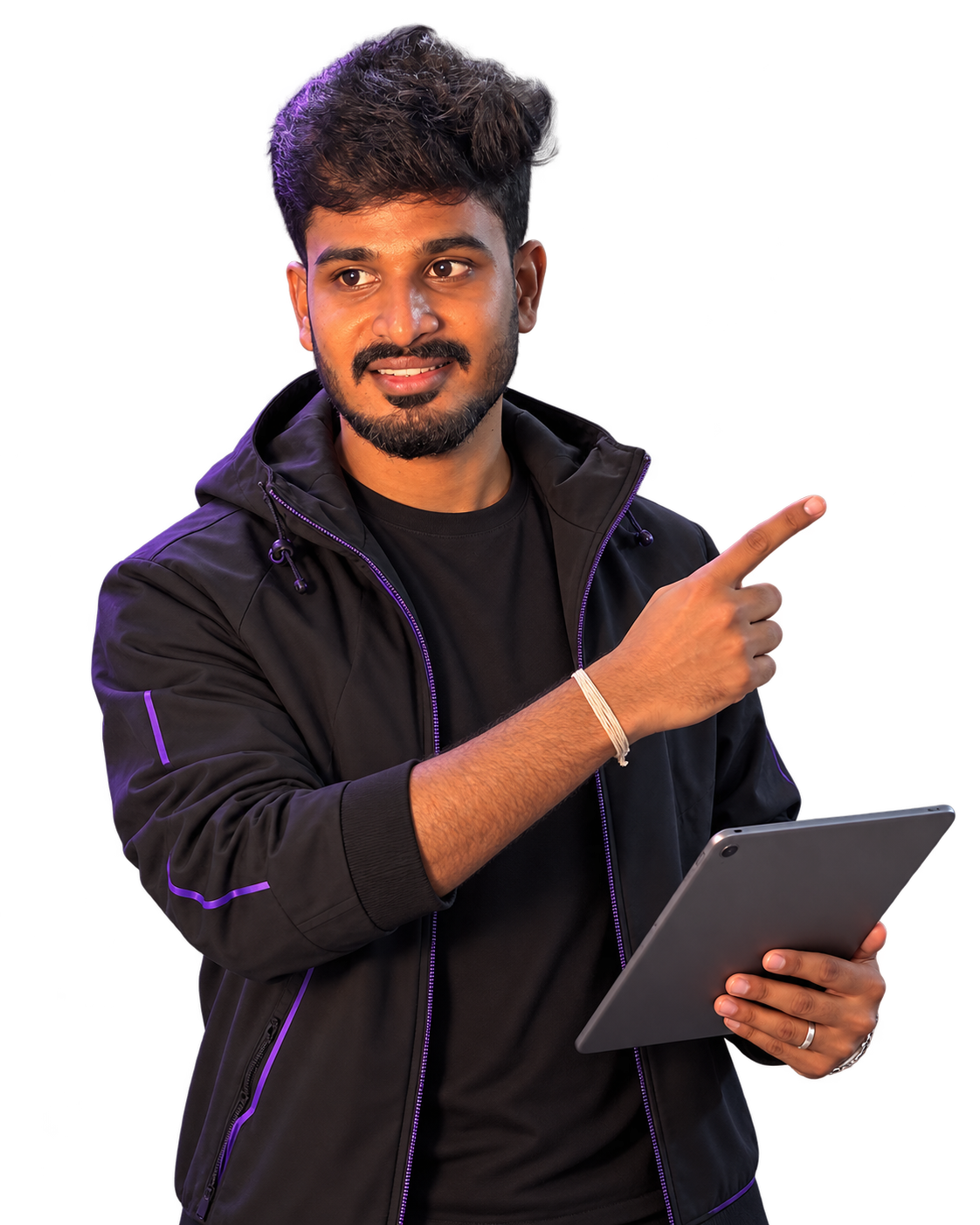 Character holding a tablet and pointing upward in black techwear